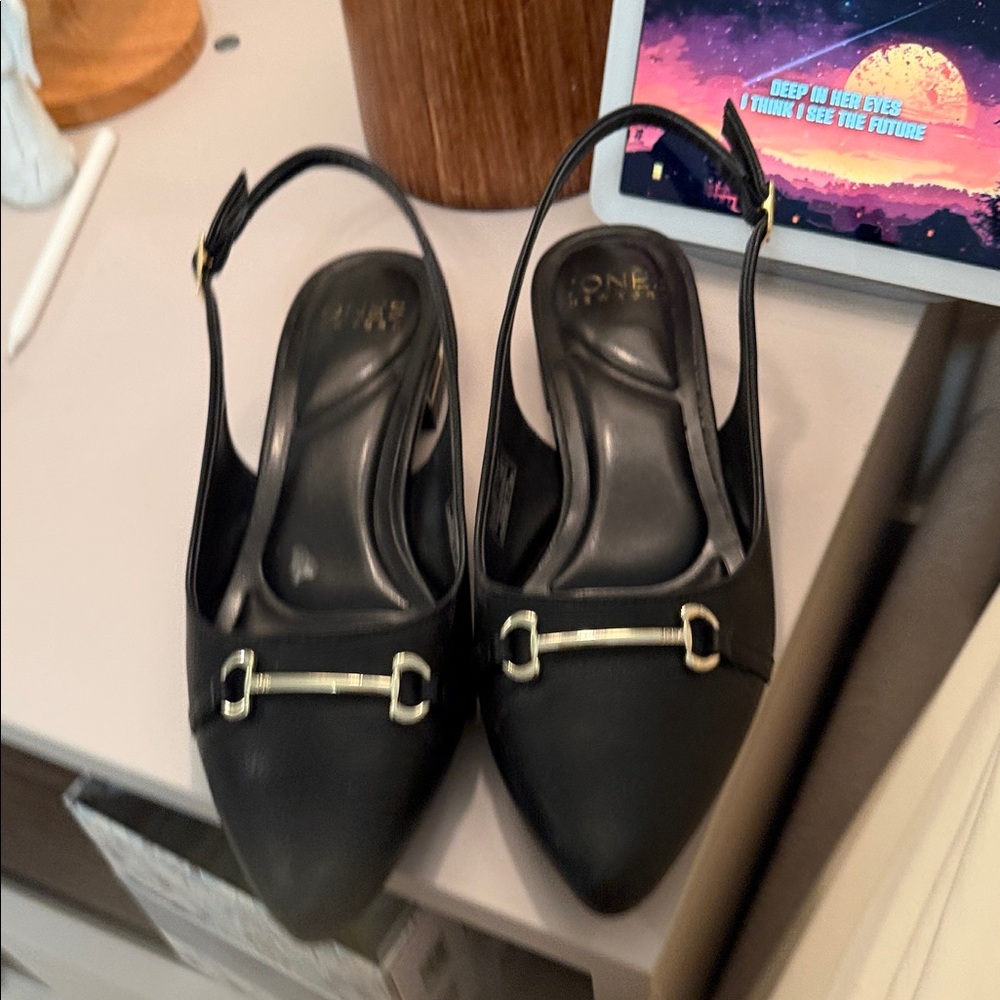 Jones New York Black Pointed-Toe Slingback Flats with Gold Accent